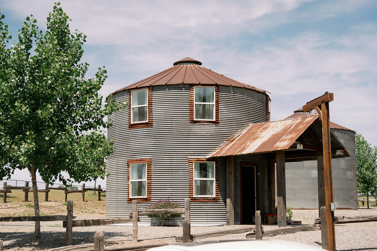 The restored two-story grain bin used as the bridal suite